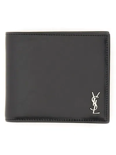 Saint Laurent Logo-plaque Leather Bi-fold Wallet In Gray