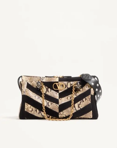 Valentino Garavani  Garavani Panthea Python And Suede Chevron Motif Shoulder Bag Woman Natu In Black