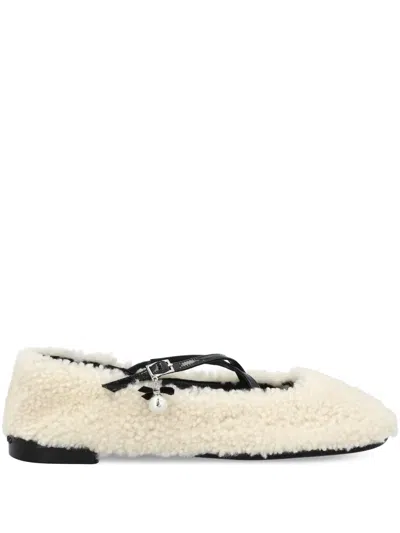 Jimmy Choo Eleri Embellished Patent Leather-trimmed Shearling Ballet Flats In White