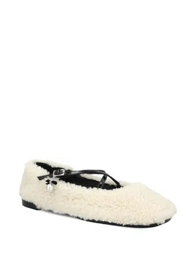 Jimmy Choo Eleri Embellished Patent Leather-trimmed Shearling Ballet Flats In White