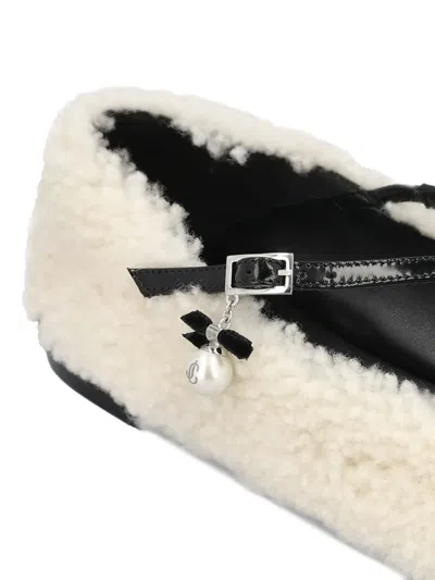Jimmy Choo Eleri Embellished Patent Leather-trimmed Shearling Ballet Flats In White