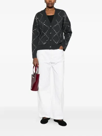 Maje Diamond-pattern Studded Cardigan In Gray