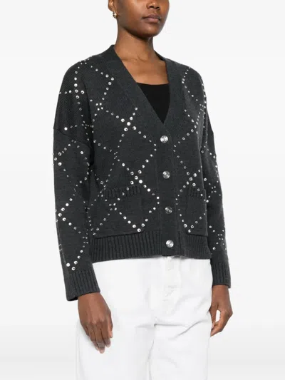 Maje Diamond-pattern Studded Cardigan In Gray
