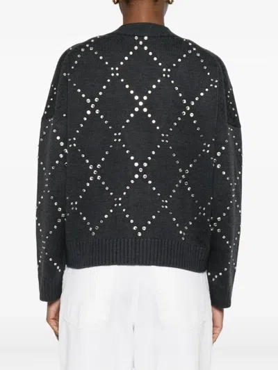 Maje Diamond-pattern Studded Cardigan In Gray