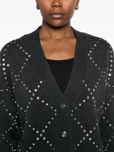 Maje Diamond-pattern Studded Cardigan In Gray