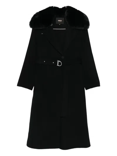 Maje Faux-fur-collar Belted Coat In Black