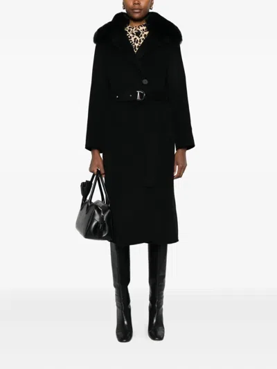 Maje Faux-fur-collar Belted Coat In Black