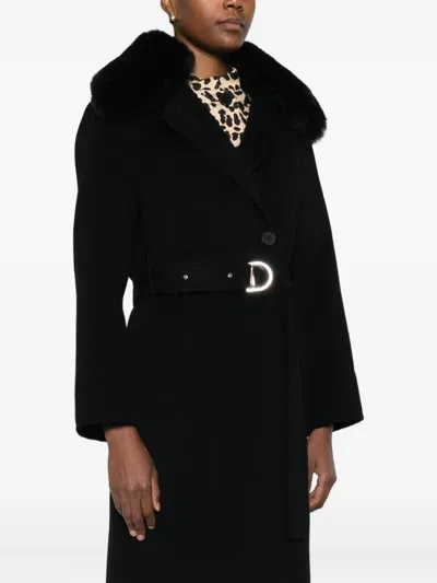 Maje Faux-fur-collar Belted Coat In Black