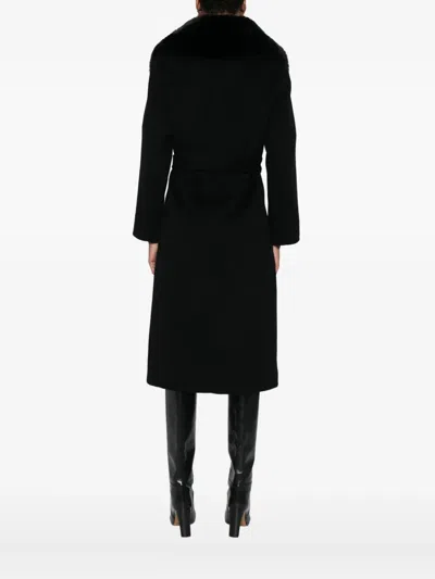Maje Faux-fur-collar Belted Coat In Black