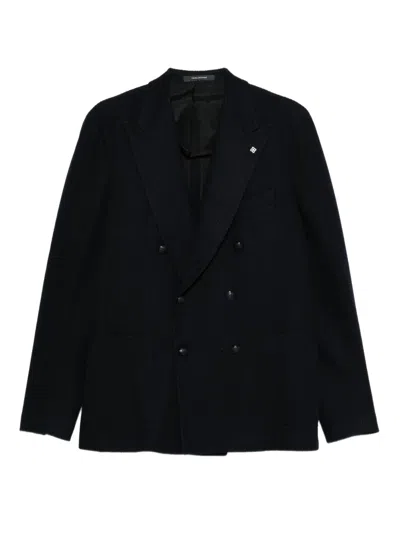 Tagliatore Double-breasted Ribbed Wool Jersey Jacket In Blue