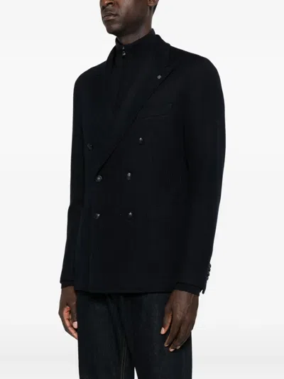 Tagliatore Double-breasted Ribbed Wool Jersey Jacket In Blue