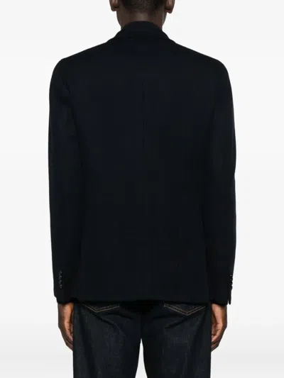 Tagliatore Double-breasted Ribbed Wool Jersey Jacket In Blue