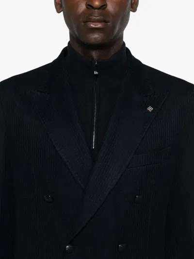 Tagliatore Double-breasted Ribbed Wool Jersey Jacket In Blue