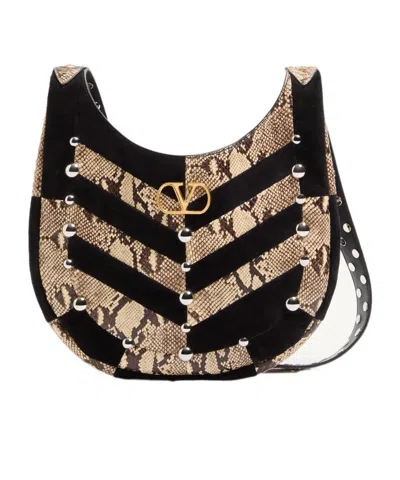 Valentino Garavani  Garavani Hoboho Small Hobo Bag In Python And Chevron-patterned Suede Wi In Black