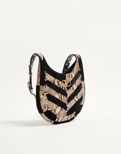 Valentino Garavani  Garavani Hoboho Small Hobo Bag In Python And Chevron-patterned Suede Wi In Black
