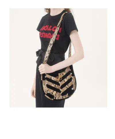 Valentino Garavani  Garavani Hoboho Small Hobo Bag In Python And Chevron-patterned Suede Wi In Black