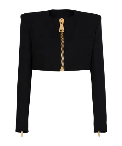 Balmain Cropped Jacket In Grain De Poudre Wool In Black