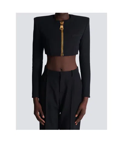 Balmain Cropped Jacket In Grain De Poudre Wool In Black
