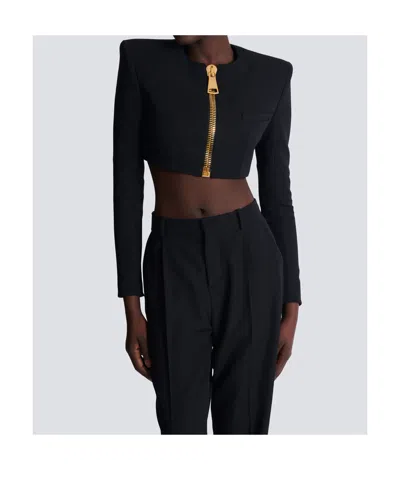 Balmain Cropped Jacket In Grain De Poudre Wool In Black