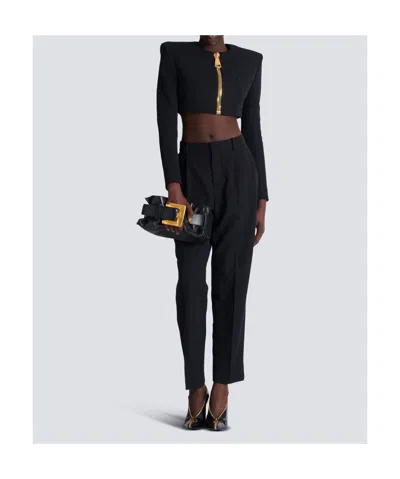 Balmain Cropped Jacket In Grain De Poudre Wool In Black