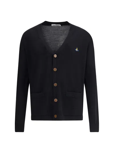 Vivienne Westwood Black V Neck Cardigan With Orb Embroidery In Cotton And Cashmere In Black