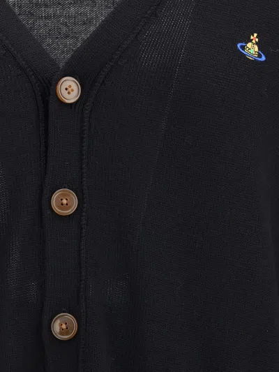 Vivienne Westwood Black V Neck Cardigan With Orb Embroidery In Cotton And Cashmere In Black