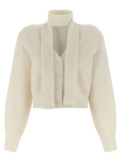 Rotate Birger Christensen Cardigan Con Sciarpa Lavorata A Maglia Bianco In Neutral