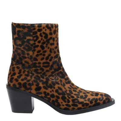 Stuart Weitzman Animalier Print Block Heel Pointed Toe Boots In Brown