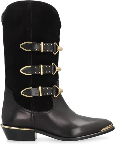 Isabel Marant Decorative Buckle Mid-calf Leather Boots In Black