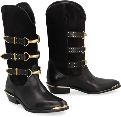 Isabel Marant Decorative Buckle Mid-calf Leather Boots In Black