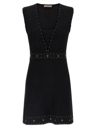 Twinset Twin-set Sleeveless Mini Dress With Deep V-neckline And Decorative Studs In Black