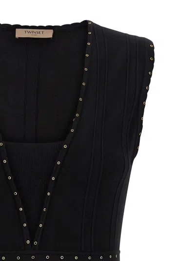 Twinset Twin-set Sleeveless Mini Dress With Deep V-neckline And Decorative Studs In Black