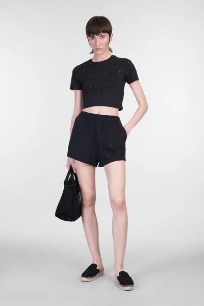 Mc2 Saint Barth Cate Black Cotton Pull Up Shorts With Striped Rhinestone Embellishment In Black