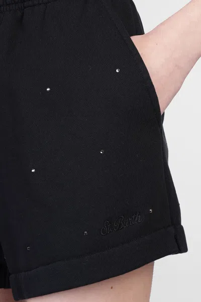 Mc2 Saint Barth Cate Black Cotton Pull Up Shorts With Striped Rhinestone Embellishment In Black