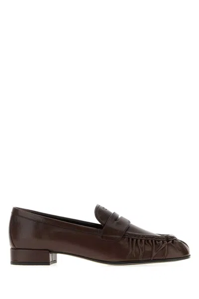Prada Brown Ruched Loafers With Logo In Brown