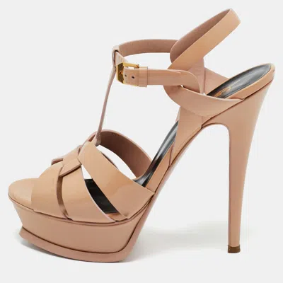 Pre-owned Saint Laurent Beige Patent Leather Tribute Platform Ankle Strap Sandals Size 37
