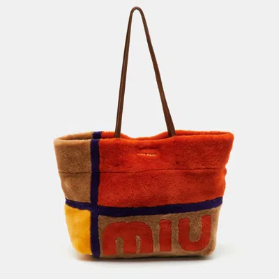 Pre-owned Miu Miu Multicolor Shearling Fur And Suede Logo Colorblock Tote