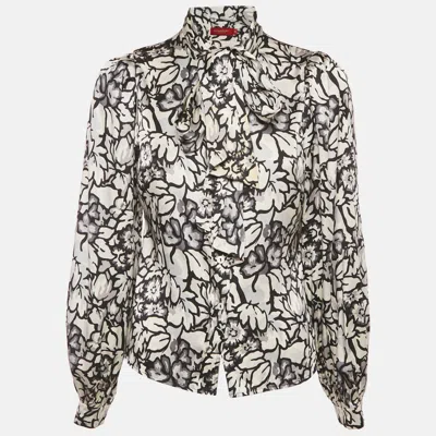 Pre-owned Burberry White/black Floral Print Satin Silk Tie-up Neck Detail Blouse S