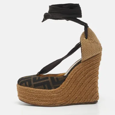 Pre-owned Fendi Black/brown Zucca Canvas Ankle Tie Wedge Espadrilles Size 37