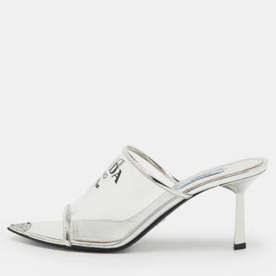 Pre-owned Prada Transparent/silver Leather And Logo Print Pvc Plexiglass Slide Sandals Size 38