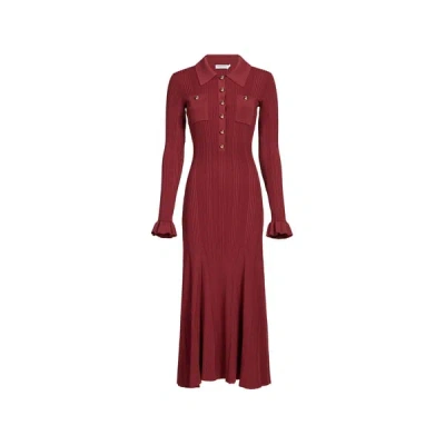 Self-portrait Button-embellished Ribbed-knit Midi Dress In Burgundy