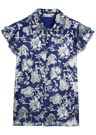 Alice And Olivia Martel Flutter-sleeve Blouse In Blue