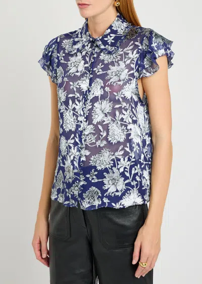 Alice And Olivia Martel Flutter-sleeve Blouse In Blue