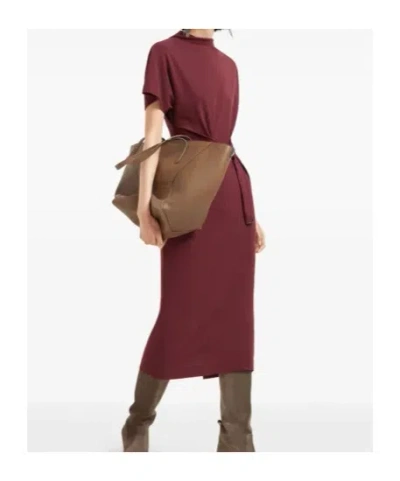 Brunello Cucinelli Drape Short-sleeve Wool Jersey Midi Wrap Dress In Brown