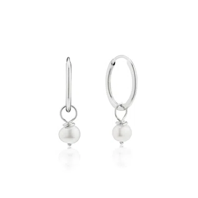 Lily & Roo Solid White Gold Small Pearl Drop Hoop Earrings In Silver
