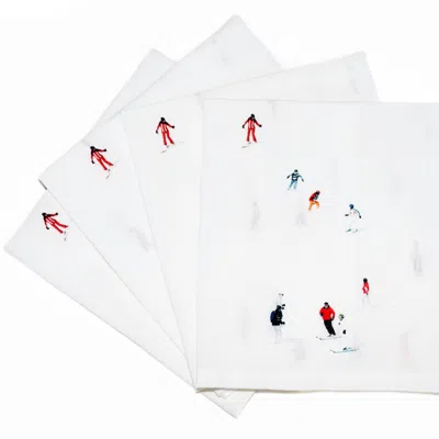 Dede Johnston White Skiers Printed Linen Napkins - Set Of 4 In Multi