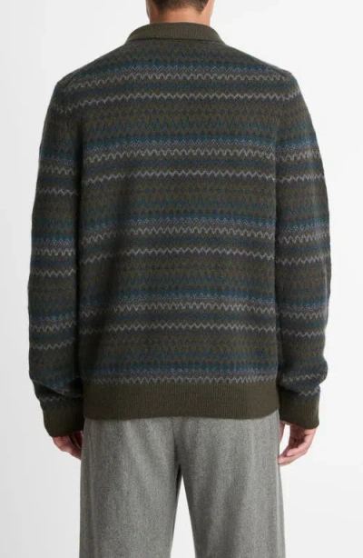 Vince Fair Isle Johnny Collar Dark Leaf Combo In Green