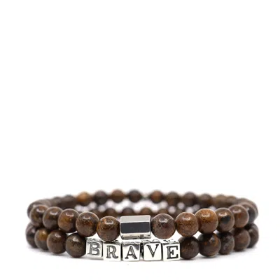 Shar Oke Men's Brown / Silver Bronzite & Brave Word Beaded Bracelet Set In Multi