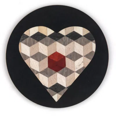 E. Inder Designs Black / White / Red Six Placemats Set. Heart Design High Gloss Melamine For Heat Resistance. Black R In Multi