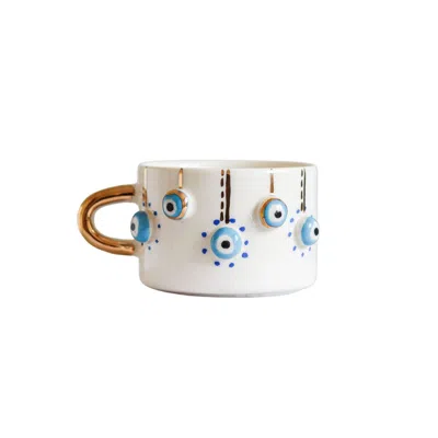 Anatoliacraft White Handmade  Evil Eye Ceramic Mug - Real Gold-plated Handle In White